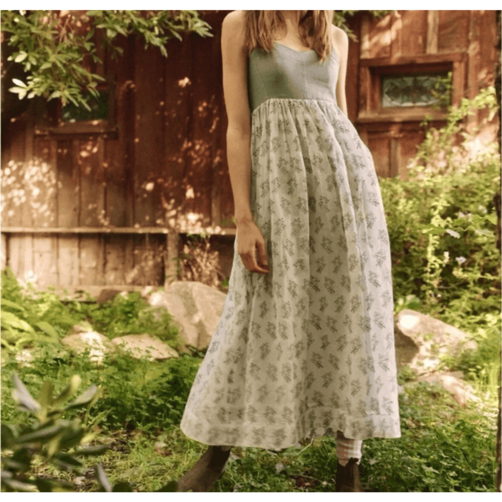 The Great Bustier Embroidered Eyelet Bow Tie Back Camelia Midi Dress M Blue